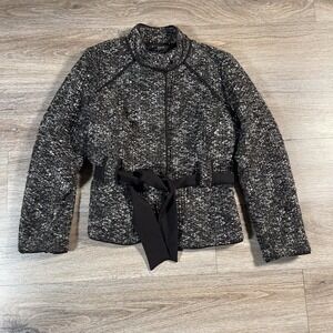 Sandro Women's Jacket Blazer Tweed Belted Boucle Office Size M Black/Gray